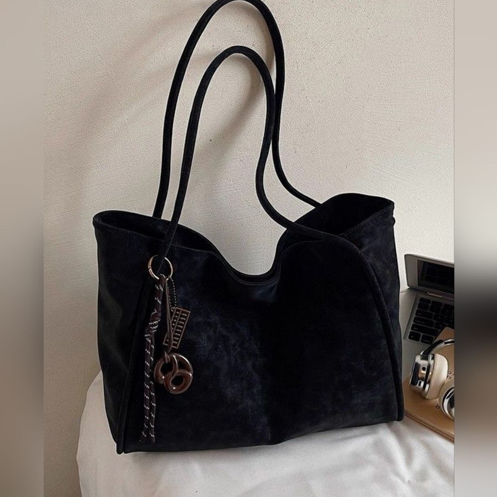Classic Black Faux Suede Leather Tote Bag - Elegant Everyday 18"x11"Shoulder Bag